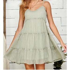 Sweet Lemon Sage Green Tiered Ruffle Mini Dress Spaghetti Strap V Neck Medium
